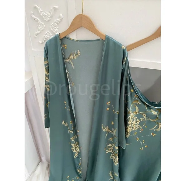 Dusty Teal Satin Pajama Lingerie Set of 5 Pieces - Picture 3 of 6